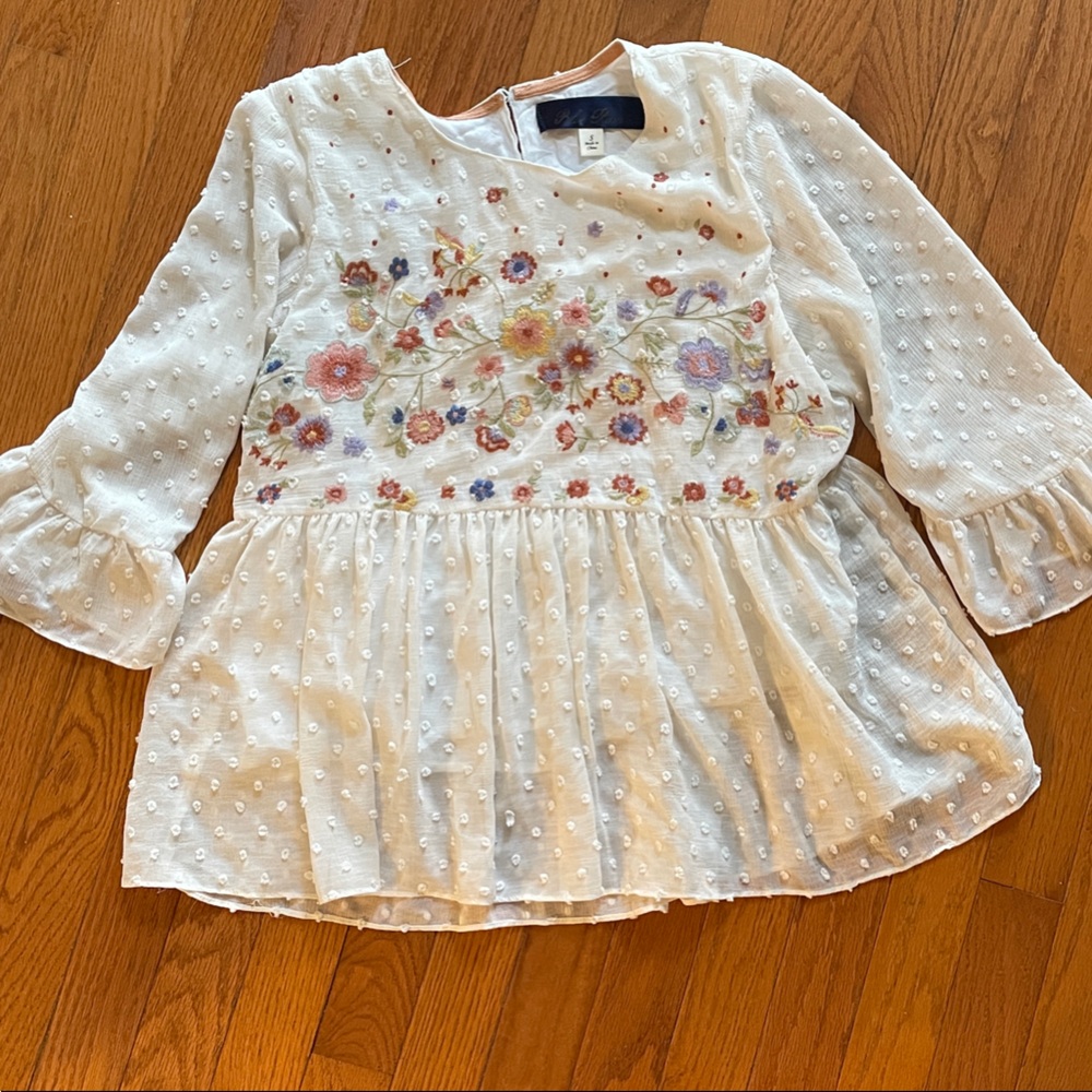 Blue Rain White Blouse with Floral Accents